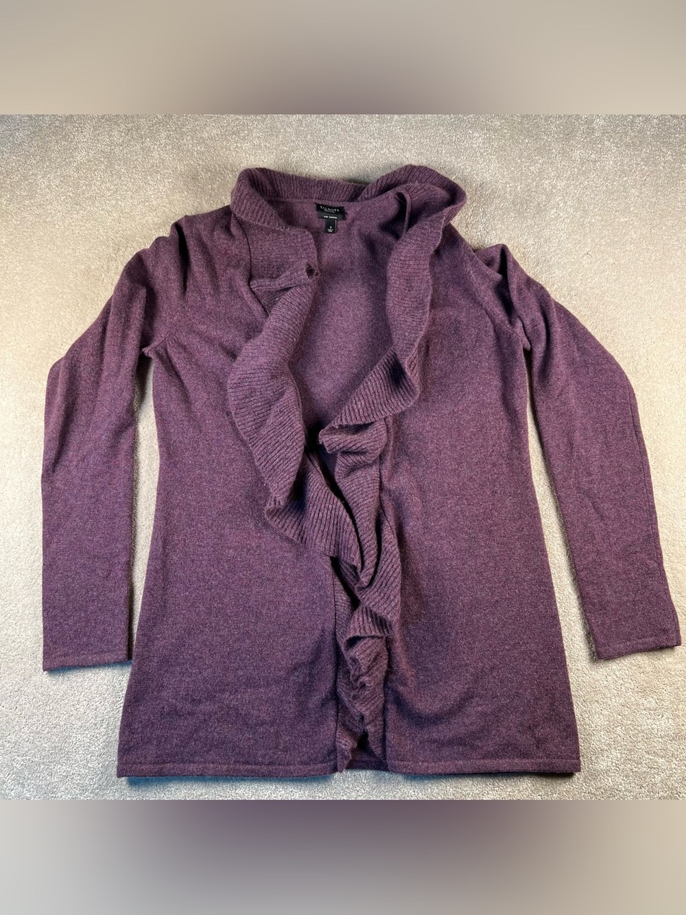 Talbots Cardigan Sweater Cashmere Purple Ruffle Front Super Soft Women's Small